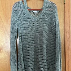 Tulip hem open shoulder open weave sweater